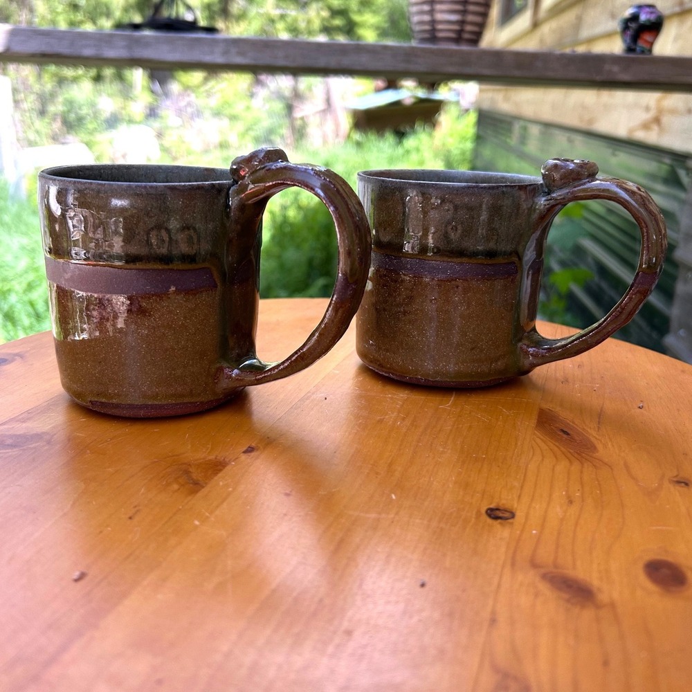 Vintage Studio Pottery Coffee Mugs Set 2 Brown Green Handcrafted Pure Joy Earthy
